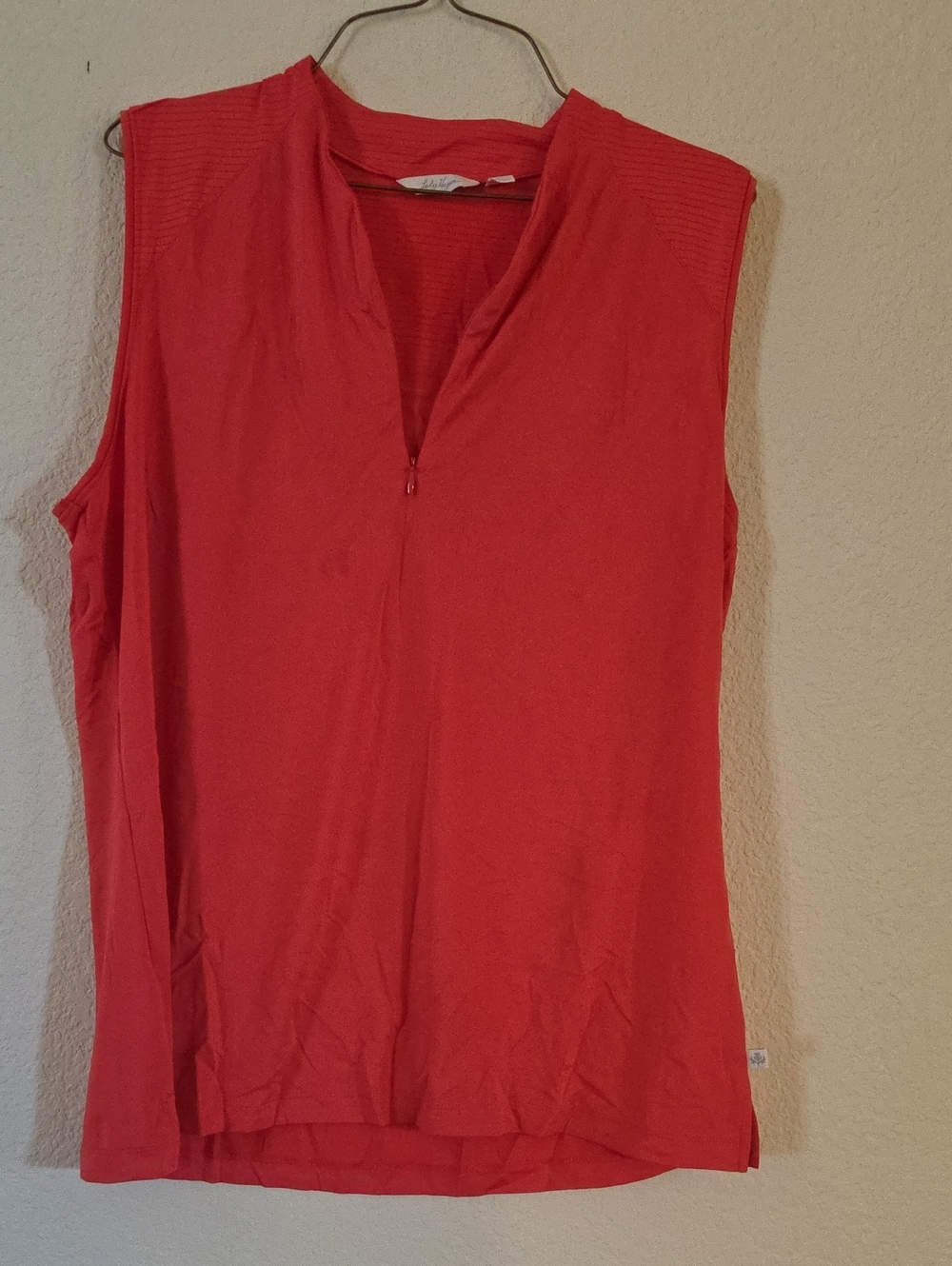 Lady Hagen Coral Sleeveless V-Neck Zip Tank Top